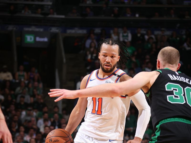 BOSTON, MA - MAY 14:  Jalen Brunson #11 of the New York Knicks handles the ball during the game against the Boston Celtics during Round Two Game Five of the 2025 NBA Playoffs on May 14, 2025 at TD Garden in Boston, Massachusetts. NOTE TO USER: User expressly acknowledges and agrees that, by downloading and/or using this Photograph, user is consenting to the terms and conditions of the Getty Images License Agreement. Mandatory Copyright Notice: Copyright 2025 NBAE (Photo by Nathaniel S. Butler/NBAE via Getty Images)