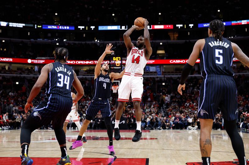 CHICAGO, IL - OCTOBER 30: Patrick Williams #44 of the Chicago Bulls shoots the ball during the game against the Orlando Magic on October 30, 2024 at United Center in Chicago, Illinois. NOTE TO USER: User expressly acknowledges and agrees that, by downloading and or using this photograph, User is consenting to the terms and conditions of the Getty Images License Agreement. Mandatory Copyright Notice: Copyright 2024 NBAE (Photo by Kamil Krzaczynski/NBAE via Getty Images)