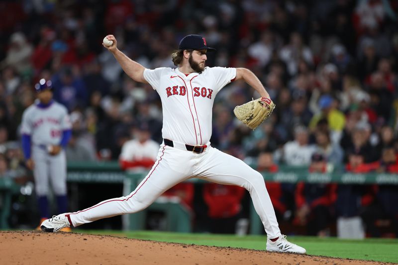 May 20, 2025; Boston, Massachusetts, USA; Boston Red Sox relief pitcher Justin Slaten (63) delivers a pitch during the eighth inning against the New York Mets at Fenway Park. Mandatory Credit: Paul Rutherford-Imagn Images