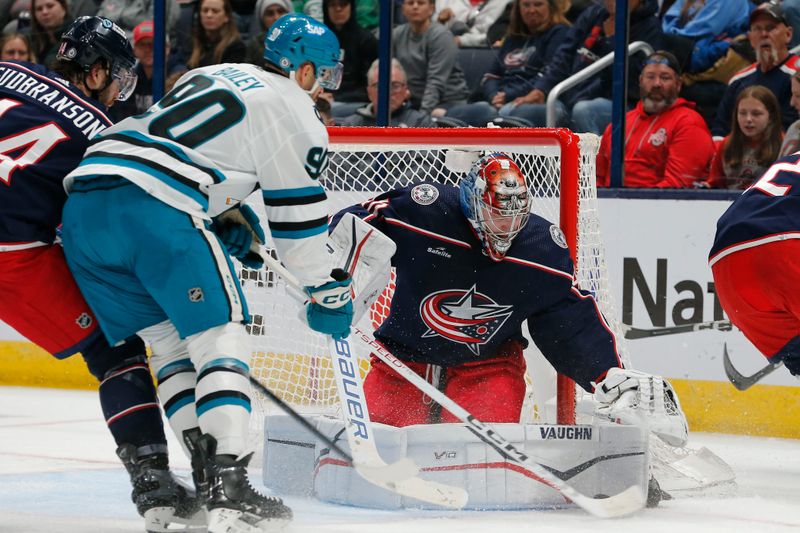 Mar 16, 2024; Columbus, Ohio, USA; Columbus Blue Jackets goalie Daniil Tarasov (40) makes a save against the San Jose Sharks during the second period at Nationwide Arena. Mandatory Credit: Russell LaBounty-USA TODAY Sports