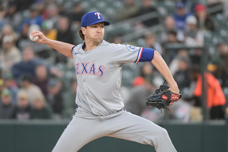 Apr 24, 2025; West Sacramento, California, USA; Texas Rangers pitcher Jacob deGrom (48) throws a pitch against the Athletics during the first inning at Sutter Health Park. Mandatory Credit: Ed Szczepanski-Imagn Images
