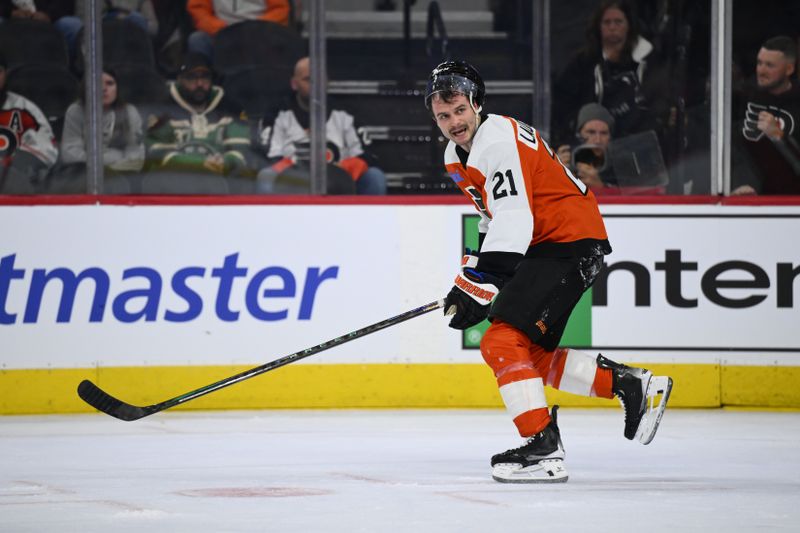 Nov 2, 2024; Philadelphia, Pennsylvania, USA; Philadelphia Flyers center Scott Laughton (21) reacts against the Boston Bruins in the second period at Wells Fargo Center. Mandatory Credit: Kyle Ross-Imagn Images