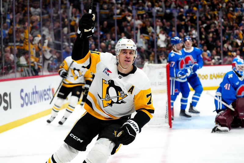 Mar 16, 2026; Denver, Colorado, USA; Pittsburgh Penguins center Evgeni Malkin (71) reacts after his goal in the first period against the Colorado Avalanche at Ball Arena. Mandatory Credit: Ron Chenoy-Imagn Images
