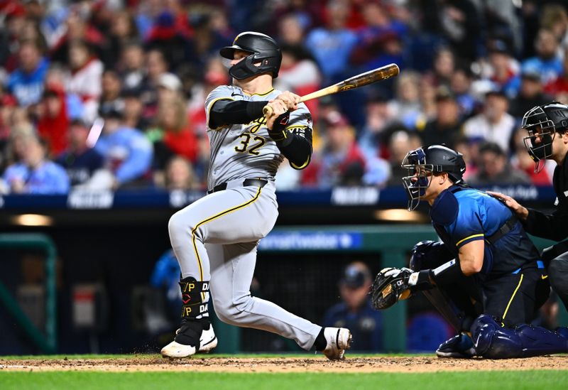 Apr 12, 2024; Philadelphia, Pennsylvania, USA; Pittsburgh Pirates catcher Henry Davis (32) hits a single against the Philadelphia Phillies in the seventh inning at Citizens Bank Park. Mandatory Credit: Kyle Ross-USA TODAY Sports