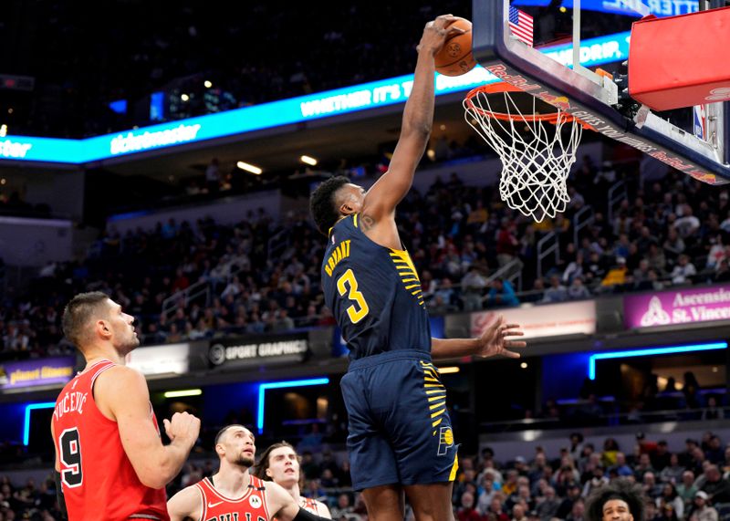 INDIANAPOLIS, INDIANA - JANUARY 08: Thomas Bryant #3 of the Indiana Pacers dunks during an NBA basketball game against the Chicago Bulls at Gainbridge Fieldhouse on January 08, 2025 in Indianapolis, Indiana. NOTE TO USER: User expressly acknowledges and agrees that, by downloading and or using this Photograph, user is consenting to the terms and conditions of the Getty Images License Agreement. (Photo by Jeff Dean/Getty Images)