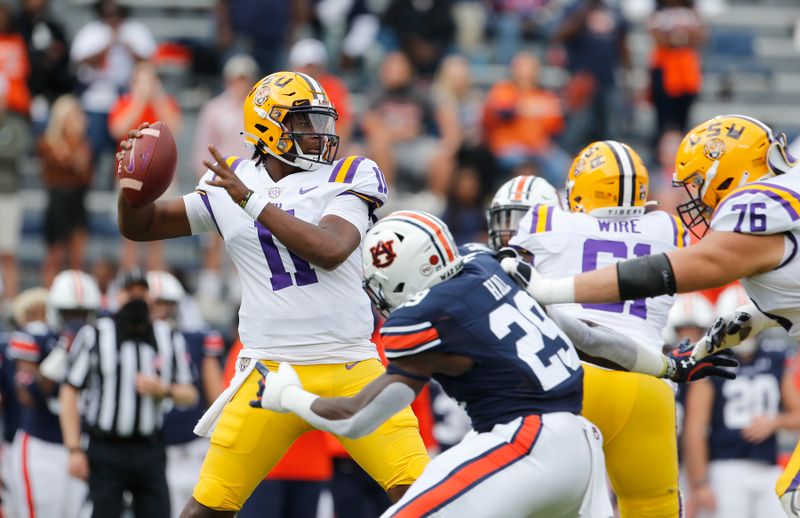 Oct 31, 2020; Auburn, Alabama, USA;  LSU Tigers quarterback TJ Finley (11) drops back to pass against the Auburn Tigers during the first quarter at Jordan-Hare Stadium. Mandatory Credit: John Reed-USA TODAY Sports