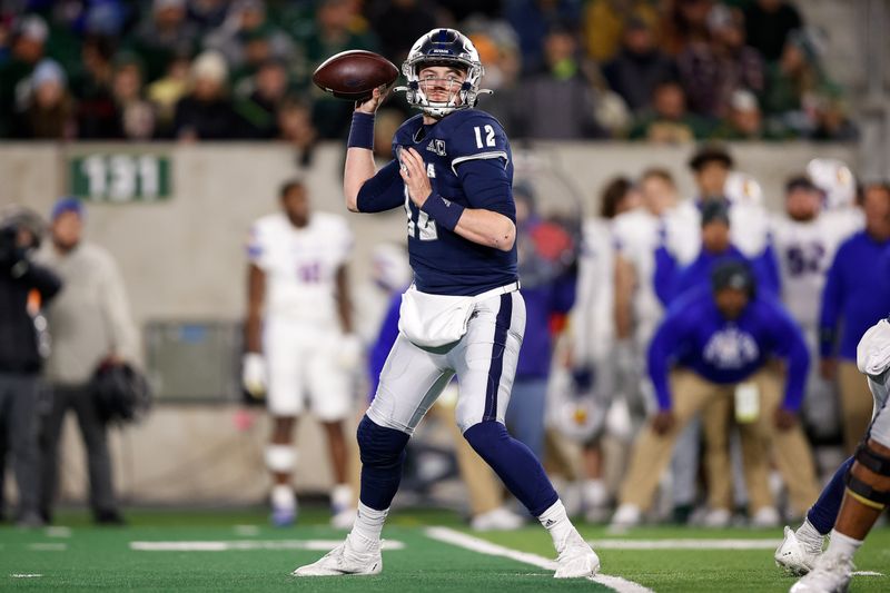 Nov 27, 2021; Fort Collins, Colorado, USA; Nevada Wolf Pack quarterback Carson Strong (12) looks to pass in the first quarter against the Nevada Wolf Pack at Sonny Lubrick Field at Canvas Stadium. Mandatory Credit: Isaiah J. Downing-USA TODAY Sports