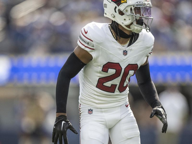 Arizona Cardinals cornerback Marco Wilson (20) takes his stance during an NFL football game against the Los Angeles Rams, Sunday, Oct. 15, 2023, in Inglewood, Calif. (AP Photo/Kyusung Gong)