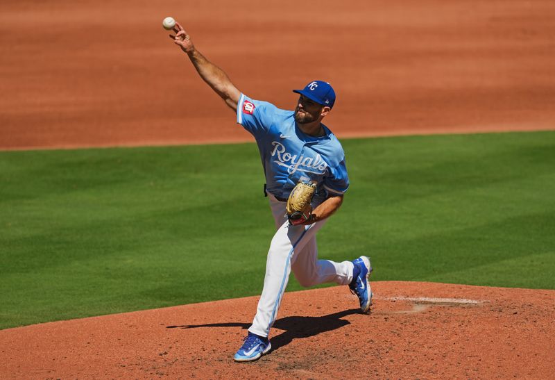 Sep 8, 2024; Kansas City, Missouri, USA; Kansas City Royals starting pitcher Michael Wacha (52) pitches during the third inning against the Minnesota Twins at Kauffman Stadium. Mandatory Credit: Jay Biggerstaff-Imagn Images