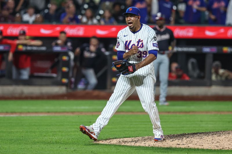 Jul 9, 2024; New York City, New York, USA;  New York Mets relief pitcher Edwin Díaz (39) celebrates after defeating the Washington Nationals at Citi Field. Mandatory Credit: Wendell Cruz-USA TODAY Sports