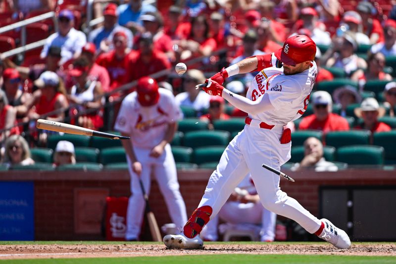 Jun 13, 2024; St. Louis, Missouri, USA;  St. Louis Cardinals center fielder Michael Siani (63) breaks his bat as he grounds out against the Pittsburgh Pirates during the fourth inning at Busch Stadium. Mandatory Credit: Jeff Curry-USA TODAY Sports