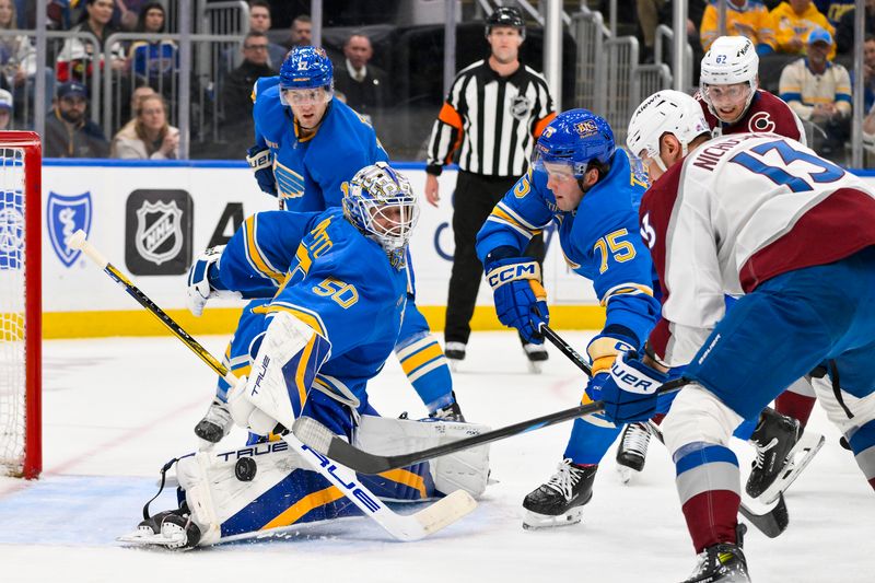 Apr 5, 2025; St. Louis, Missouri, USA;  St. Louis Blues goaltender Jordan Binnington (50) defends the net against the Colorado Avalanche during the first period at Enterprise Center. Mandatory Credit: Jeff Curry-Imagn Images