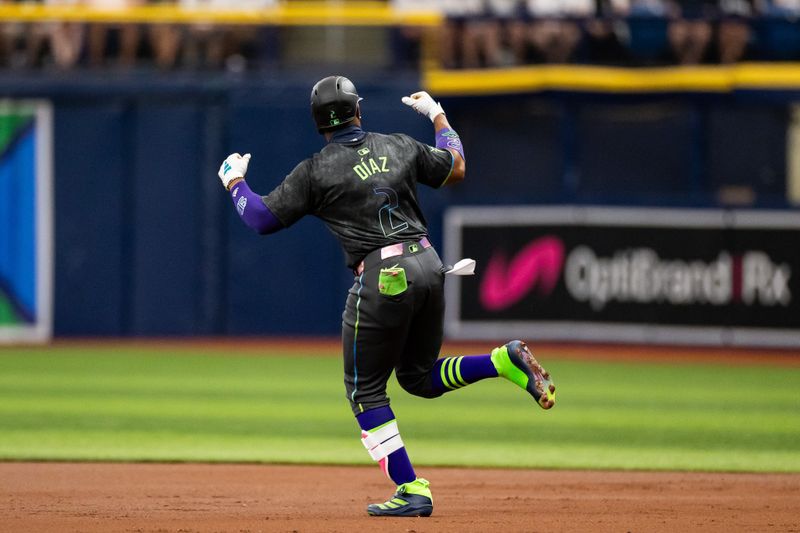 May 11, 2024; St. Petersburg, Florida, USA; Tampa Bay Rays first base Yandy Díaz (2) celebrates a home run against the New York Yankees during the first inning at Tropicana Field. Mandatory Credit: Matt Pendleton-USA TODAY Sports