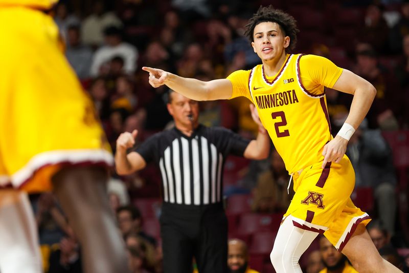 Nov 21, 2023; Minneapolis, Minnesota, USA; Minnesota Golden Gophers guard Mike Mitchell Jr. (2) reacts to his shot against the Arkansas-Pine Bluff Golden Lions during the first half at Williams Arena. Mandatory Credit: Matt Krohn-USA TODAY Sports