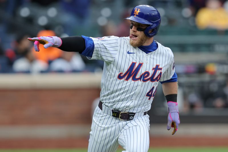 Apr 17, 2024; New York City, New York, USA; New York Mets center fielder Harrison Bader (44) reacts as he rounds the bases after hitting a two run home run against the Pittsburgh Pirates during the sixth inning at Citi Field. Mandatory Credit: Brad Penner-USA TODAY Sports