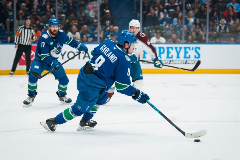 Nov 9, 2025; Vancouver, British Columbia, CAN; Vancouver Canucks forward Conor Garland (8) handles the puck against the Colorado Avalanche in the first period at Rogers Arena. Mandatory Credit: Bob Frid-Imagn Images