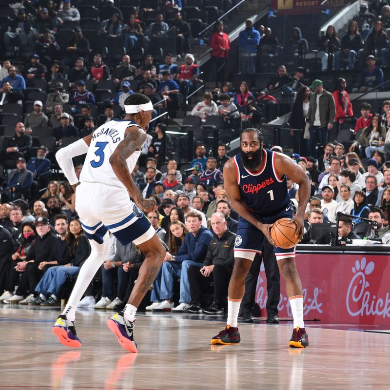 INGLEWOOD, CA - DECEMBER 4: James Harden #1 of the LA Clippers handles the ball during the game against the Minnesota Timberwolves  during a regular season game on December 4, 2024 at Intuit Dome in Los Angeles, California. NOTE TO USER: User expressly acknowledges and agrees that, by downloading and/or using this Photograph, user is consenting to the terms and conditions of the Getty Images License Agreement. Mandatory Copyright Notice: Copyright 2024 NBAE (Photo by Juan Ocampo/NBAE via Getty Images)