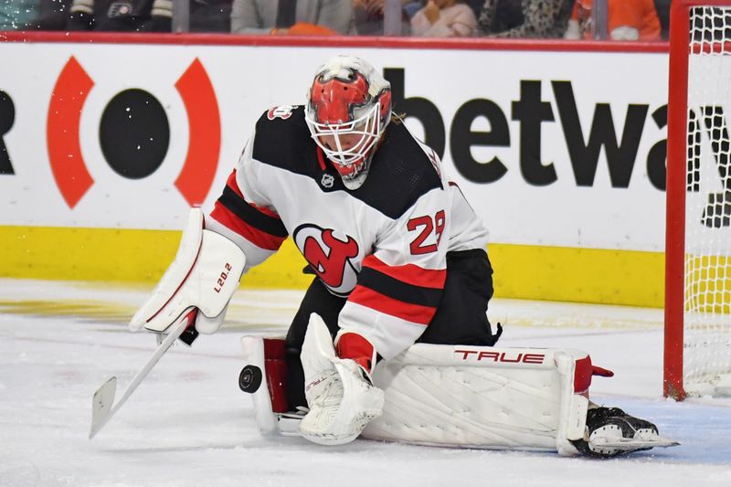 Oct 13, 2022; Philadelphia, Pennsylvania, USA; New Jersey Devils goaltender Mackenzie Blackwood (29) makes a save against the Philadelphia Flyers during the second period at Wells Fargo Center. Mandatory Credit: Eric Hartline-USA TODAY Sports