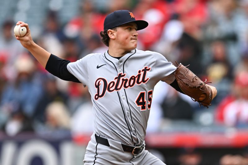 May 4, 2025; Anaheim, California, USA; Detroit Tigers starting pitcher Reese Olson (45) throws a pitch against the Los Angeles Angels during the first inning at Angel Stadium. Mandatory Credit: Jonathan Hui-Imagn Images