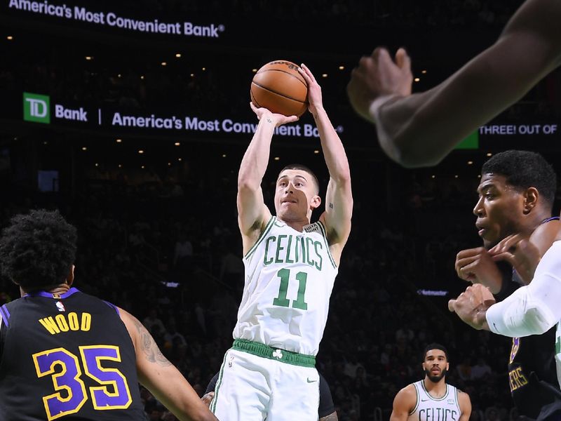 BOSTON, MA - FEBRUARY 1:  Payton Pritchard #11 of the Boston Celtics shoots the ball during the game  against the Los Angeles Lakers on February 1, 2024 at the TD Garden in Boston, Massachusetts. NOTE TO USER: User expressly acknowledges and agrees that, by downloading and or using this photograph, User is consenting to the terms and conditions of the Getty Images License Agreement. Mandatory Copyright Notice: Copyright 2024 NBAE  (Photo by Brian Babineau/NBAE via Getty Images)