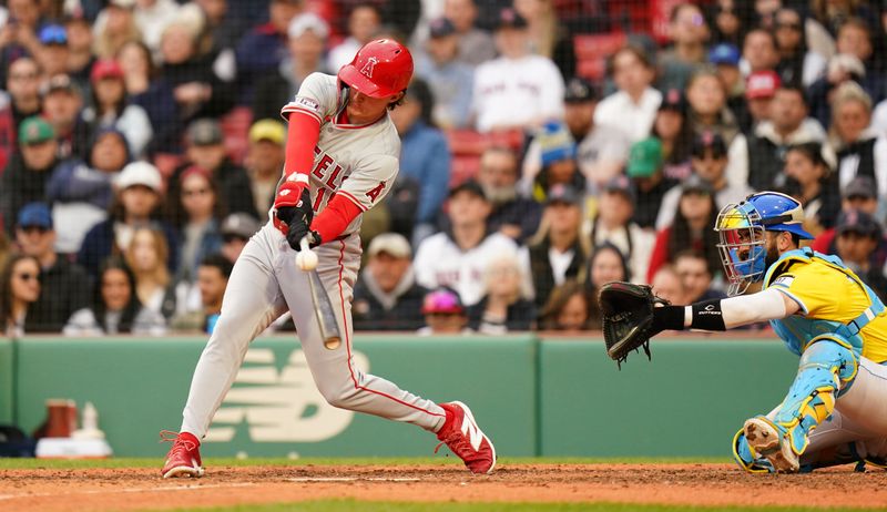 Apr 14, 2024; Boston, Massachusetts, USA; Los Angeles Angels right fielder Mickey Moniak (16) singled to left field against the Boston Red Sox in the ninth inning at Fenway Park. Mandatory Credit: David Butler II-USA TODAY Sports