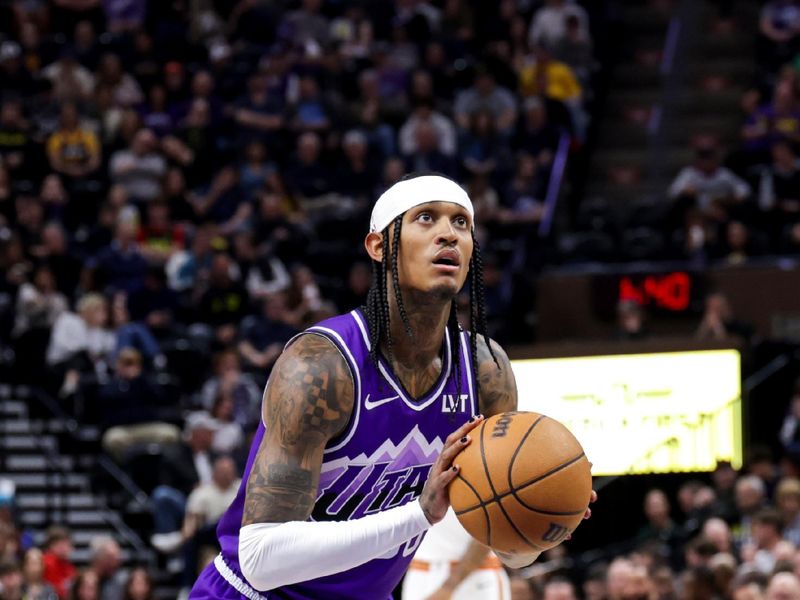 SALT LAKE CITY, UT - FEBRUARY 25: Jordan Clarkson #00 of the Utah Jazz prepares to shoot a free throw during the game against the San Antonio Spurs on February 25, 2024 at vivint.SmartHome Arena in Salt Lake City, Utah. NOTE TO USER: User expressly acknowledges and agrees that, by downloading and or using this Photograph, User is consenting to the terms and conditions of the Getty Images License Agreement. Mandatory Copyright Notice: Copyright 2024 NBAE (Photo by Chris Nicoll/NBAE via Getty Images)