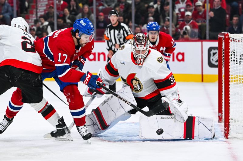 Oct 12, 2024; Montreal, Quebec, CAN; Ottawa Senators goalie Linus Ullmark (35) makes a save against Montreal Canadiens right wing Josh Anderson (17) during the first period at Bell Centre. Mandatory Credit: David Kirouac-Imagn Images