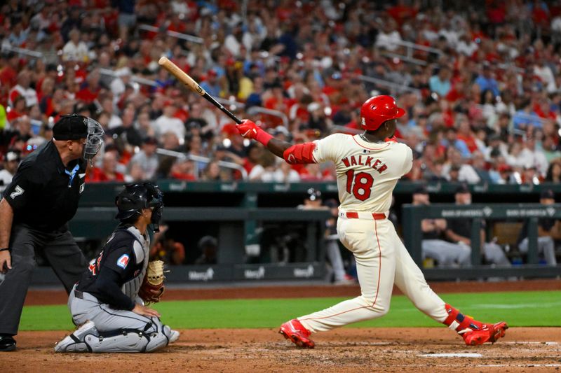 Sep 21, 2024; St. Louis, Missouri, USA;  St. Louis Cardinals right fielder Jordan Walker (18) hits a two run home run against the Cleveland Guardians during the fourth inning at Busch Stadium. Mandatory Credit: Jeff Curry-Imagn Images