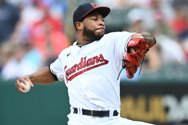 Jul 23, 2023; Cleveland, Ohio, USA; Cleveland Guardians pitcher Xzavion Curry (44) throws a pitch during the first inning against the Philadelphia Phillies at Progressive Field. Mandatory Credit: Ken Blaze-USA TODAY Sports