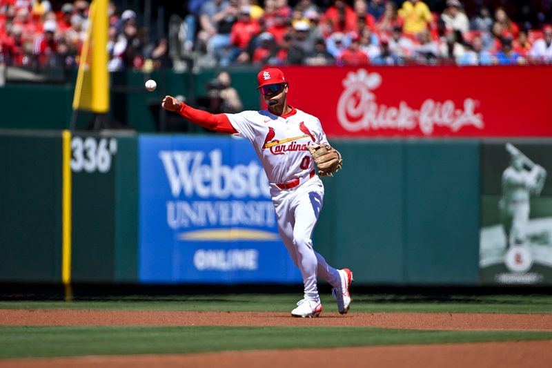 Apr 6, 2024; St. Louis, Missouri, USA;  St. Louis Cardinals shortstop Masyn Winn (0) throws against the Miami Marlins during the first inning at Busch Stadium. Mandatory Credit: Jeff Curry-USA TODAY Sports