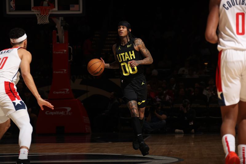 WASHINGTON, DC -? JANUARY 25: Jordan Clarkson #00 of the Utah Jazz dribbles the ball during the game against the Washington Wizards on January 25, 2024 at Capital One Arena in Washington, DC. NOTE TO USER: User expressly acknowledges and agrees that, by downloading and or using this Photograph, user is consenting to the terms and conditions of the Getty Images License Agreement. Mandatory Copyright Notice: Copyright 2024 NBAE (Photo by Stephen Gosling/NBAE via Getty Images)