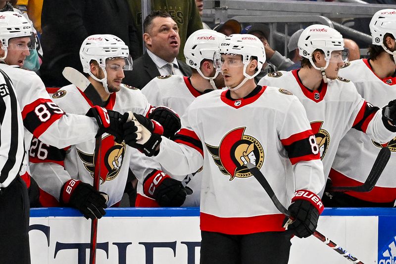 Dec 14, 2023; St. Louis, Missouri, USA;  Ottawa Senators left wing Dominik Kubalik (81) is congratulated by teammates after scoring against the St. Louis Blues during the second period at Enterprise Center. Mandatory Credit: Jeff Curry-USA TODAY Sports