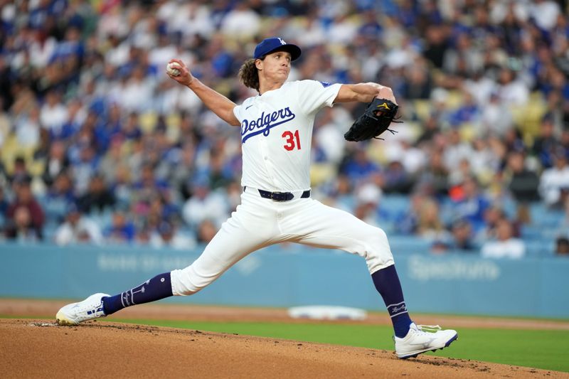 May 16, 2024; Los Angeles, California, USA; Los Angeles Dodgers pitcher Tyler Glasnow (31) throws in the first inning against the Cincinnati Reds at Dodger Stadium. Mandatory Credit: Kirby Lee-USA TODAY Sports