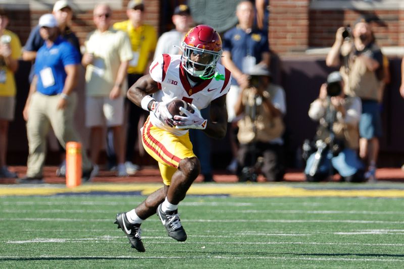 Sep 21, 2024; Ann Arbor, Michigan, USA;  USC Trojans wide receiver Zachariah Branch (1) runs the ball after he makes a reception in the first half against the Michigan Wolverines at Michigan Stadium. Mandatory Credit: Rick Osentoski-Imagn Images