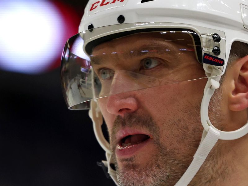 Jan 6, 2025; Buffalo, New York, USA;  Washington Capitals left wing Alex Ovechkin (8) waits for the face-off during the first period against the Buffalo Sabres at KeyBank Center. Mandatory Credit: Timothy T. Ludwig-Imagn Images