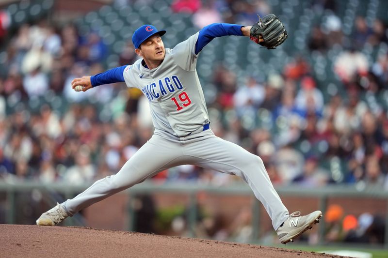 Jun 26, 2024; San Francisco, California, USA; Chicago Cubs starting pitcher Hayden Wesneski (19) throws a pitch against the San Francisco Giants during the first inning at Oracle Park. Mandatory Credit: Darren Yamashita-USA TODAY Sports