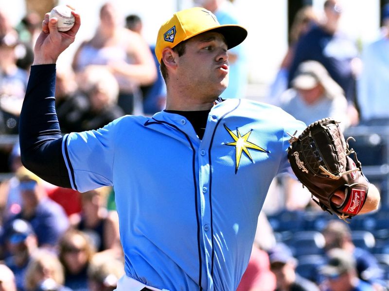 Feb 24, 2024; Port Charlotte, Florida, USA; Tampa Bay Rays pitcher Nathan Wiles (91) throws a pitch in the first inning of a spring training game against the Atlanta Braves at Charlotte Sports Park. Mandatory Credit: Jonathan Dyer-USA TODAY Sports