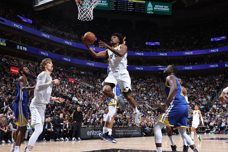 SALT LAKE CITY, UT - FEBRUARY 15: Colin Sexton #2 of the Utah Jazz drives to the basket during the game against the Golden State Warriors on February 15, 2024 at Delta Center in Salt Lake City, Utah. NOTE TO USER: User expressly acknowledges and agrees that, by downloading and or using this Photograph, User is consenting to the terms and conditions of the Getty Images License Agreement. Mandatory Copyright Notice: Copyright 2024 NBAE (Photo by Melissa Majchrzak/NBAE via Getty Images)