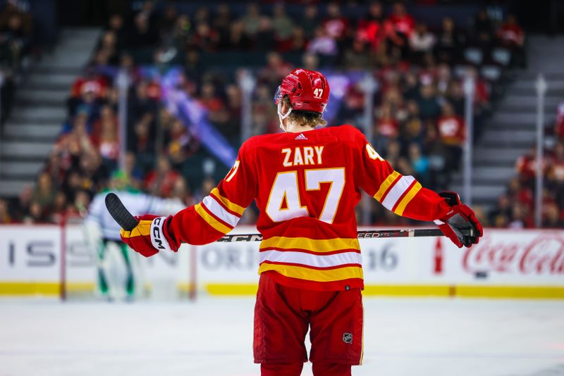 Nov 30, 2023; Calgary, Alberta, CAN; Calgary Flames center Connor Zary (47) during the third period against the Dallas Stars at Scotiabank Saddledome. Mandatory Credit: Sergei Belski-USA TODAY Sports