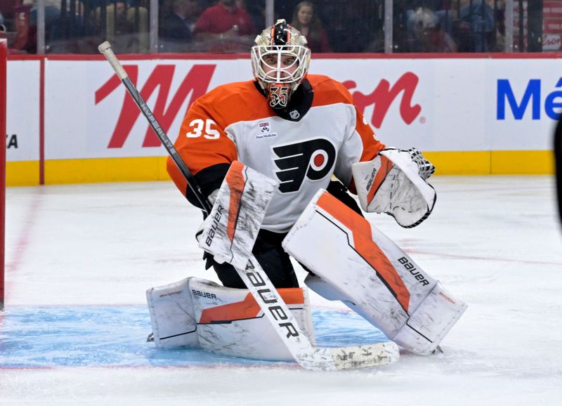 Sep 23, 2025; Montreal, Quebec, CAN; Philadelphia Flyers goalie Aleksei Kolosov (35) during the third period against the Montreal Canadiens at the Bell Centre. Mandatory Credit: Eric Bolte-Imagn Images
