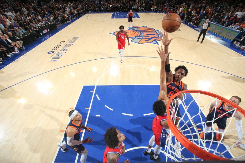 NEW YORK, NY - APRIL 22:  OG Anunoby #8 of the New York Knicks goes to the basket during the game against the Philadelphia 76ers during Round 1 Game 2 of the 2024 NBA Playoffs on April 22, 2024 at Madison Square Garden in New York City, New York.  NOTE TO USER: User expressly acknowledges and agrees that, by downloading and or using this photograph, User is consenting to the terms and conditions of the Getty Images License Agreement. Mandatory Copyright Notice: Copyright 2024 NBAE  (Photo by Nathaniel S. Butler/NBAE via Getty Images)