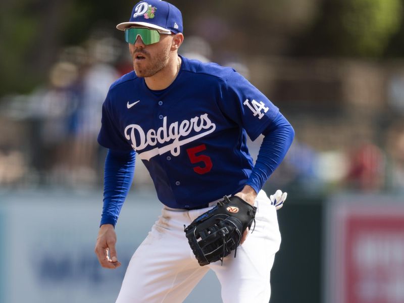 Mar 1, 2026; Phoenix, Arizona, USA; Los Angeles Dodgers first baseman Freddie Freeman against the Los Angeles Angels during a spring training game at Camelback Ranch-Glendale. Mandatory Credit: Mark J. Rebilas-Imagn Images