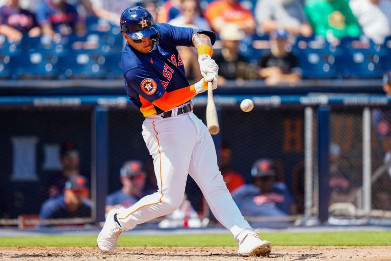 Mar 12, 2023; West Palm Beach, Florida, USA; Houston Astros catcher Korey Lee (11) hits a home run against the Miami Marlins during the second inning at The Ballpark of the Palm Beaches. Mandatory Credit: Rich Storry-USA TODAY Sports