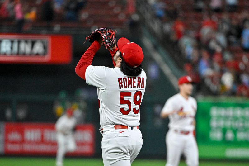 Aug 15, 2023; St. Louis, Missouri, USA;  St. Louis Cardinals relief pitcher JoJo Romero (59) reacts after the Cardinals defeated the Oakland Athletics at Busch Stadium. Mandatory Credit: Jeff Curry-USA TODAY Sports