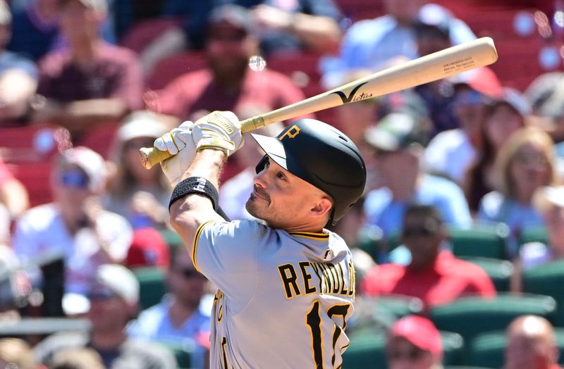 Aug 28, 2025; St. Louis, Missouri, USA;  Pittsburgh Pirates designated hitter Bryan Reynolds (10) at bat against the St. Louis Cardinals at Busch Stadium. Mandatory Credit: Tim Vizer-Imagn Images