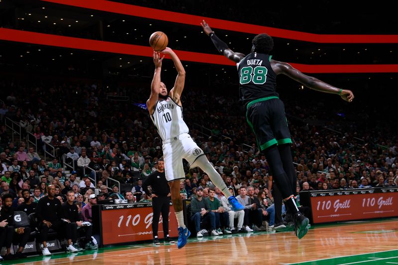 BOSTON, MA - NOVEMBER 8: Ben Simmons #10 of the Brooklyn Nets shoots the ball during the game against the Boston Celtics on November 8, 2024 at TD Garden in Boston, Massachusetts. NOTE TO USER: User expressly acknowledges and agrees that, by downloading and/or using this Photograph, user is consenting to the terms and conditions of the Getty Images License Agreement. Mandatory Copyright Notice: Copyright 2024 NBAE (Photo by Brian Babineau/NBAE via Getty Images)