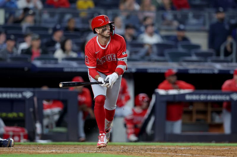 Aug 7, 2024; Bronx, New York, USA; Los Angeles Angels shortstop Zach Neto (9) watches his two run double against the New York Yankees during the fourth inning at Yankee Stadium. Mandatory Credit: Brad Penner-USA TODAY Sports