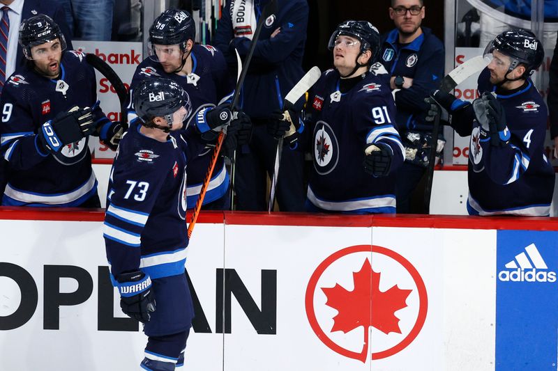 Apr 30, 2024; Winnipeg, Manitoba, CAN; Winnipeg Jets center Tyler Toffoli (73) celebrates his third period goal against the Colorado Avalanche in game five of the first round of the 2024 Stanley Cup Playoffs at Canada Life Centre. Mandatory Credit: James Carey Lauder-USA TODAY Sports