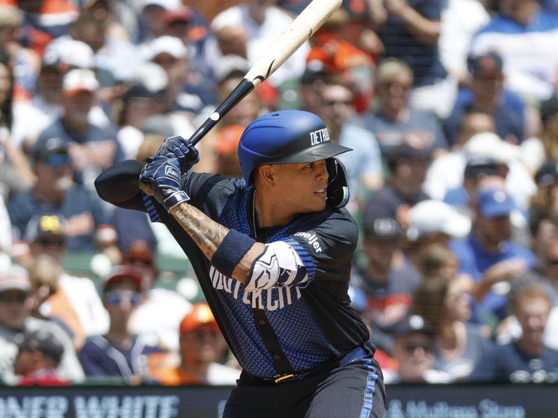 May 25, 2024; Detroit, Michigan, USA; Detroit Tigers third baseman Gio Urshela (13) looks on during an at bat in the first inning of the game against the Toronto Blue Jays at Comerica Park. Mandatory Credit: Brian Bradshaw Sevald-USA TODAY Sports