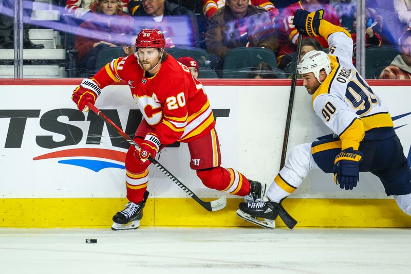 Nov 15, 2024; Calgary, Alberta, CAN; Calgary Flames center Blake Coleman (20) and Nashville Predators center Ryan O'Reilly (90) battles for the puck during the third period at Scotiabank Saddledome. Mandatory Credit: Sergei Belski-Imagn Images